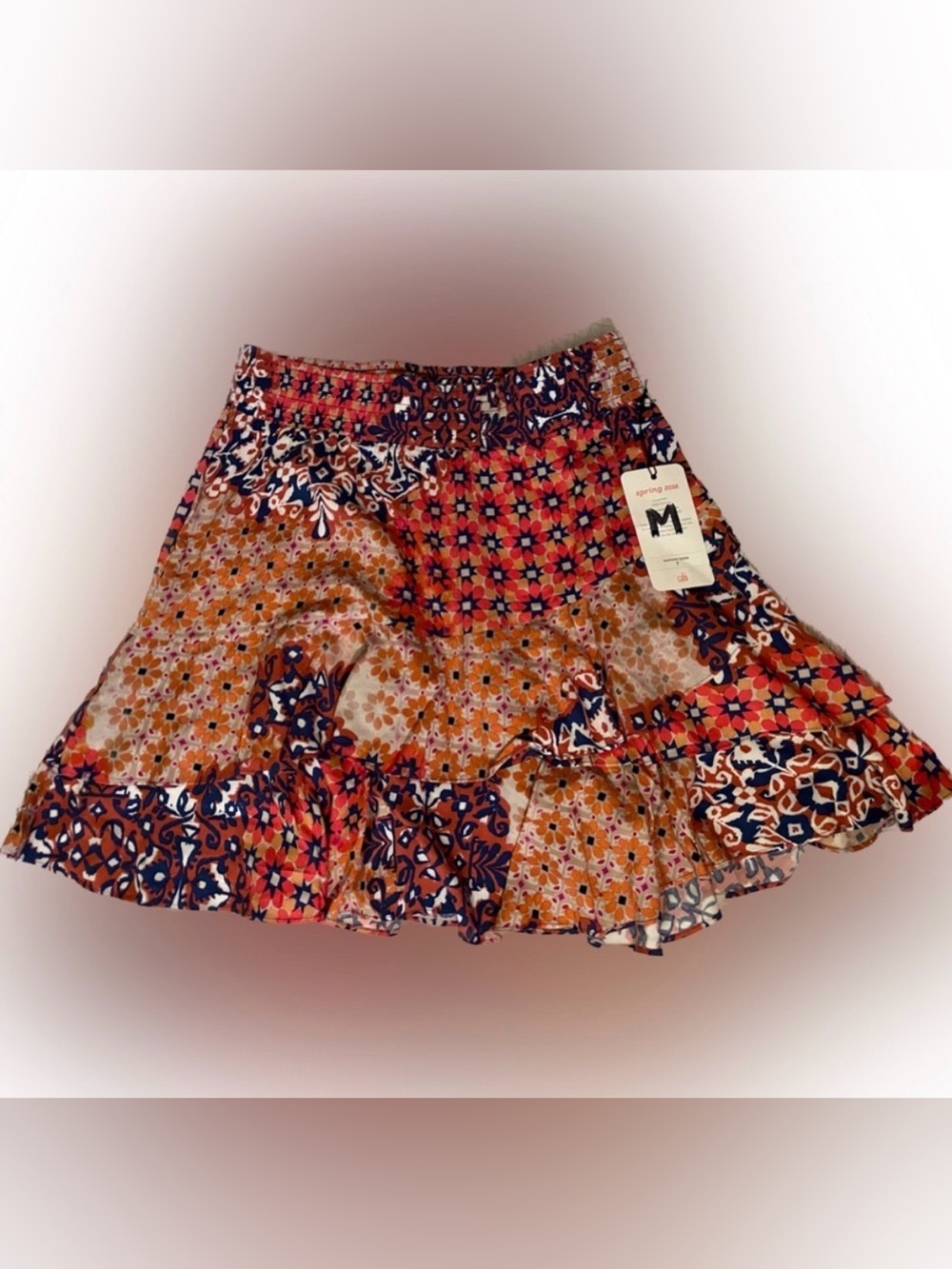 CAbi Floral Patchwork Ruffled Mini Skirt - Pink, Navy & Mustard